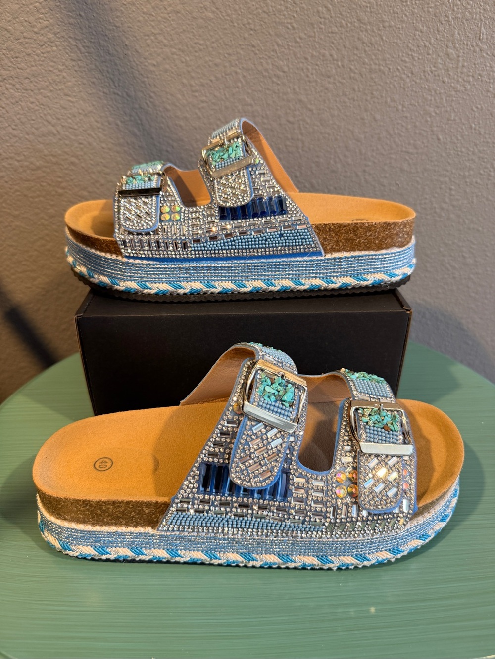 Boutique Sz 9.5 Bedazzled Beaded Blue Platform Slide Sandals Buckle Straps | EUC